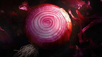 A Close-Up of a Red Onion with Its Roots Visible photo