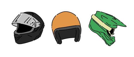 Set colored line drawing of motorcycle helmet. Full face, open face, and motocross quad bike helmet. Isolated on white background. Graphic illustration. vector