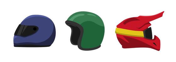 Set of motorbike helmet with flat cartoon style. Full face, open face, and motocross helmet. Graphic illustration. vector