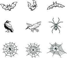 Bundle of Bats, Crow and Spiders Illustration, Halloween Witchcraft Elements, Outline Handdrawn Style vector