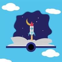 An open book with a rocket flying out of it vector
