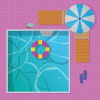 Top view of swimming pool with lifeguard, umbrella and flip flops vector
