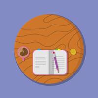 An open notebook with a pen and coffee cup on a wooden table vector