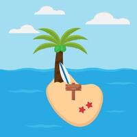 An island with a palm tree and a surfboard on it vector
