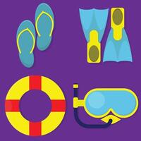 A set of different items including a life preserver, goggles, and a flippers vector