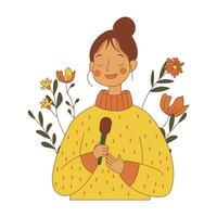 Innocent Nerd Girl Character Singing Song Using Microphone with Flower Floral Decoration vector
