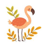 Cute Flamingo Bird Animal Character with Leaves Botany Plants in the Park vector
