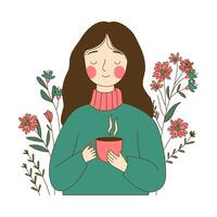 Cute Innocent Nerd Girl Character Holding a Cup of Coffee with Flower Floral Decoration vector
