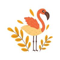 Funny Flamingo Bird Animal Character with Wings and Leaves Plants vector