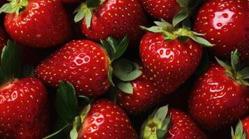 Close-up of Ripe Red Strawberries with Green Leaves photo