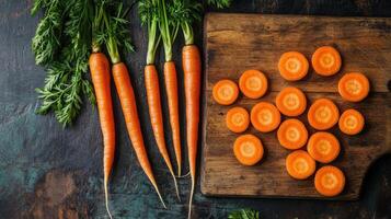 Fresh Carrots with Slices on Rustic Wooden Cutting Board photo