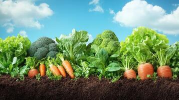 Freshly Harvested Vegetables in Soil with Blue Sky Background photo