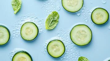 Cucumber Slices and Mint Leaves in Foaming Water photo