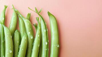 Fresh Green String Beans with Water Droplets on Pink Background photo