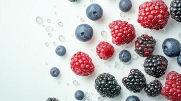 Close-up of Raspberries, Blueberries, and Blackberries on White Background with Water Droplets photo