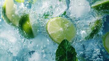 Lime, Ice, and Mint Leaves in Water with Bubbles photo