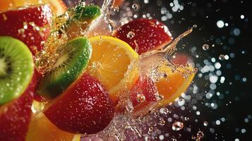 Slices of Kiwi, Orange, and Strawberry in a Water Splash photo