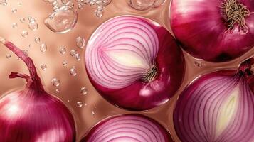 Red Onion Slices and Whole Onion in Liquid with Bubbles photo