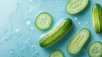 Cucumber Slices Floating in a Blue Liquid with Bubbles photo