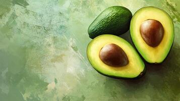 Two Avocados, One Whole and One Sliced, on a Green Surface photo