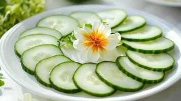 Cucumber Slices with a Single White Flower on a Plate photo