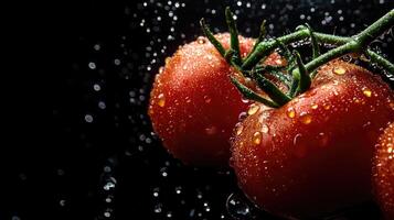 Close-up of Red Tomatoes with Water Droplets on Vine photo