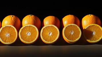 A Row of Whole and Sliced Oranges on a Black Background photo
