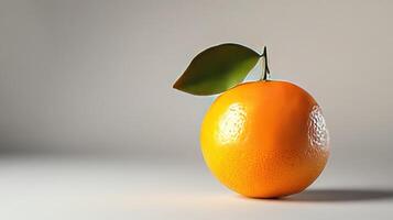 A Single Orange with a Green Leaf on a White Surface photo