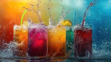 Four Glasses of Colorful Drinks with Splashing Water photo