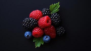 A Cluster of Raspberries, Blackberries, and Blueberries on a Black Background photo