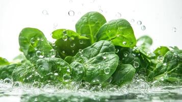 Fresh Green Spinach Leaves Submerged in Water with Droplets photo