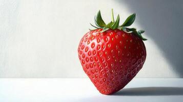 A Single Ripe Strawberry with Green Leaves on a White Surface photo