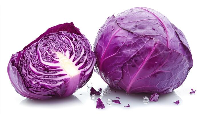 Whole and Halved Red Cabbage with Water Droplets