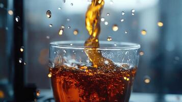 Close-up of Brown Liquid Pouring into Glass with Splashes photo