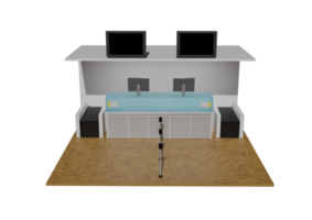 A 3d rendering of a counter with two monitors png