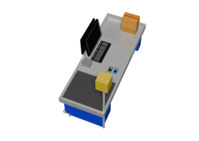 A 3d model of a desk with a computer and a keyboard png