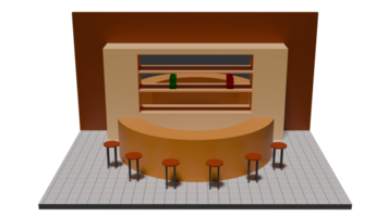A 3d rendering of a bar with stools png