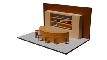 3d model of a bar with a counter and stools png
