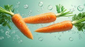 Carrots with Green Tops Floating in Clear Water with Bubbles photo