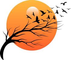 Illustration of a silhouette of a tree with birds in Flight Against a Glowing Sunset vector