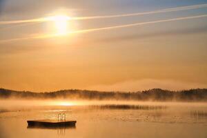 Floating island in the morning in the fog on a Swedish lake. Forest in the background photo