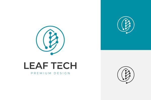 Green tech logo icon design with leaf and digital data technology graphic symbol. logo illustration