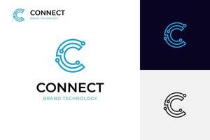Letter C connect logo design line style with circuit element symbol for cyberspace and brand technology logo design vector