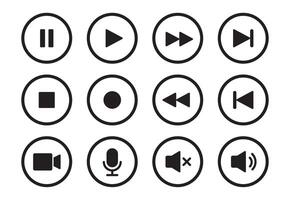 Audio, , music player button icon. Sound control, play, pause button solid icon set. Camera, media control, microphone interface pictogram. vector