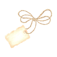 Rope bow with paper tag on loop. Hand drawn watercolor illustration isolated of background. Label with place for text on string. Fiber of burlap. Clipart for card, creativity, sale, craft, decoration. png