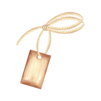Rope with wooden label on loop. Hand drawn watercolor illustration isolated of background. Tag with place for text on string. Sign on fiber of burlap. Clipart for card, creativity, sale, advertising. png