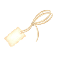 Rope bow with paper tag on loop. Hand drawn watercolor illustration isolated of background. Label with place for text on string. Flyer on fiber of burlap. Clipart for postcard, creativity, sale, craft png