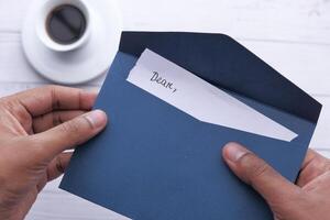 Holding a Letter While Having Coffee Placed on the Table, Creating a Cozy Atmosphere photo