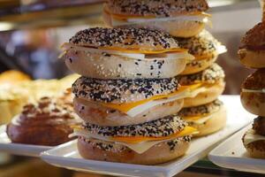 Stacked bagels topped with cheese and sesame seeds in a charming bakery display photo