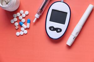An assortment of Diabetes Management Tools and Medications displayed on a Colorful Background photo